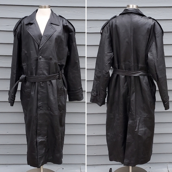 Vintage 90s y2k Vampire Black Leather Double Breasted Belted Trench Coat XL - Picture 1 of 6